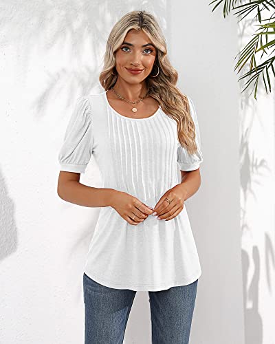 Puff Short Sleeve Tunic Pleated Crew Neck