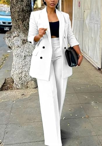 2 Piece Outfits for Women Dressy Double Breasted Blazer Jackets High Waisted Wide Leg Pants Suits Set Casual Business