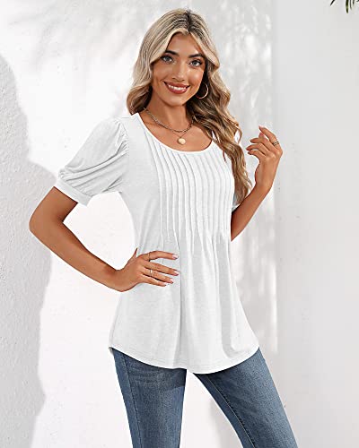 Puff Short Sleeve Tunic Pleated Crew Neck