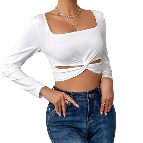 Twisted Square Neck Knitted Long sleeved Fashion Casual Open Navel Top