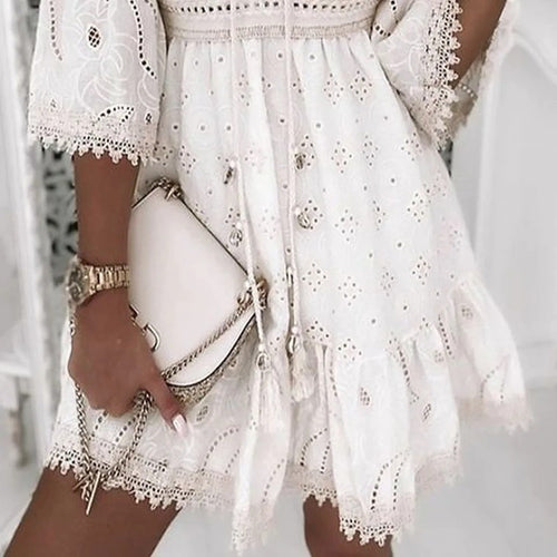 Women's New V-Neck White Hollowed Out Tassel Embroidered Dress