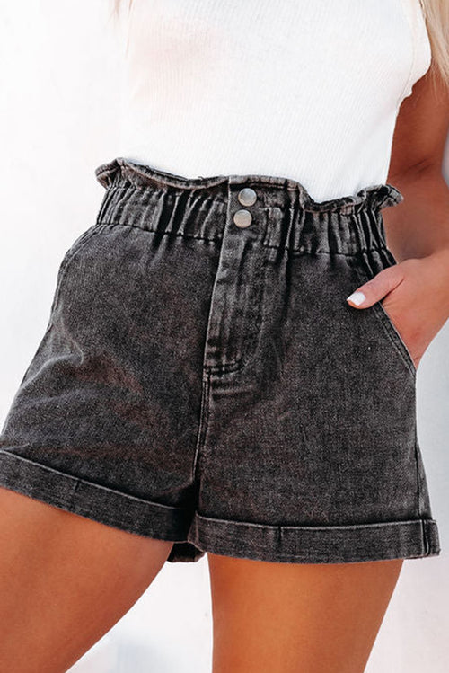 Black Vintage Washed Frilled High Waist Denim