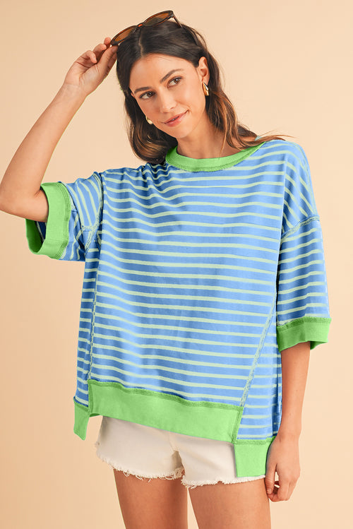 Sky Blue Stripe Contrast Drop Sleeve Loose