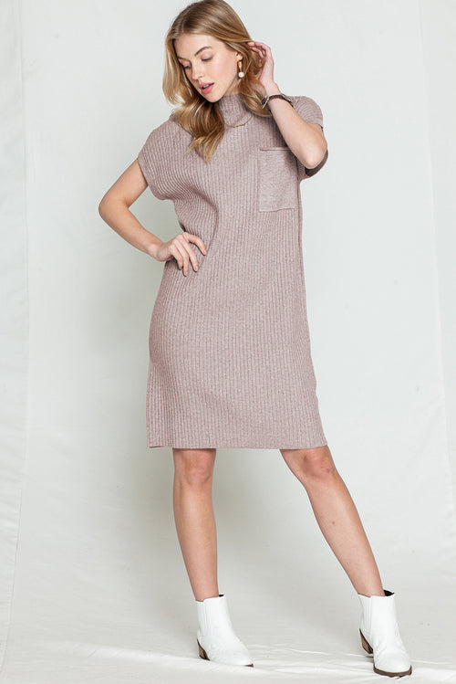 Blackish Green Patch Pocket Knit Short Sleeve Sweater Dress