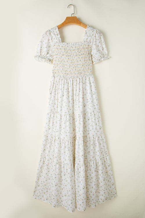 White Frilly Shirred Bodice Tiered Floral Maxi