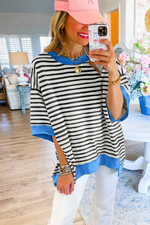 Sky Blue Stripe Contrast Drop Sleeve Loose