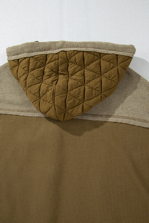 Jungle Green Quilted Textured Patchwork Hooded Jacket