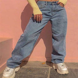 Dames hoge taille losse zak blauwe effen kleurenprint brede jeans
