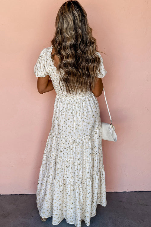 White Frilly Shirred Bodice Tiered Floral Maxi