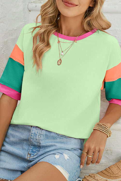 Green Color Block Sleeve Round Neck Oversize