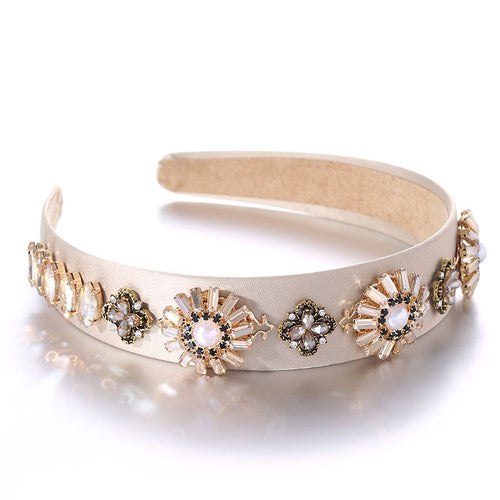 Baroque Retro Set Water Diamond Flower Wide Edge Pearl Hair Hoop