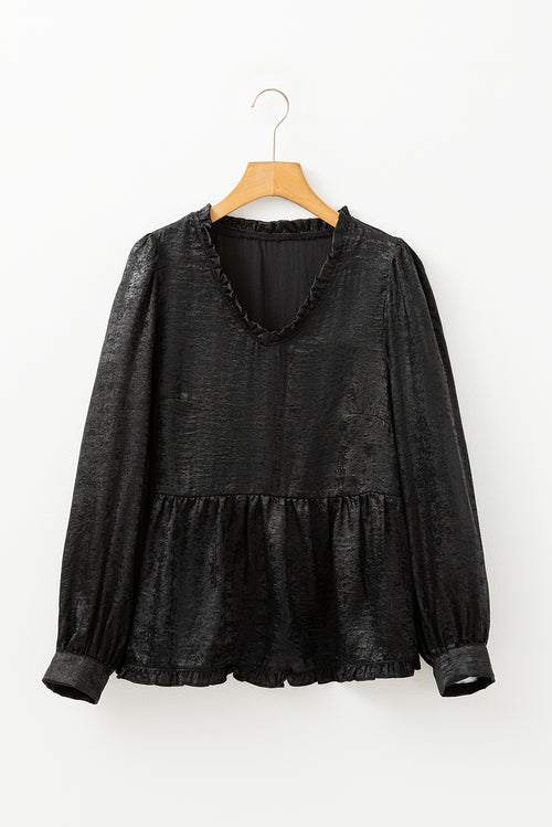 Black Metallic Frilled V Neck Puff Sleeve Babydoll Blouse