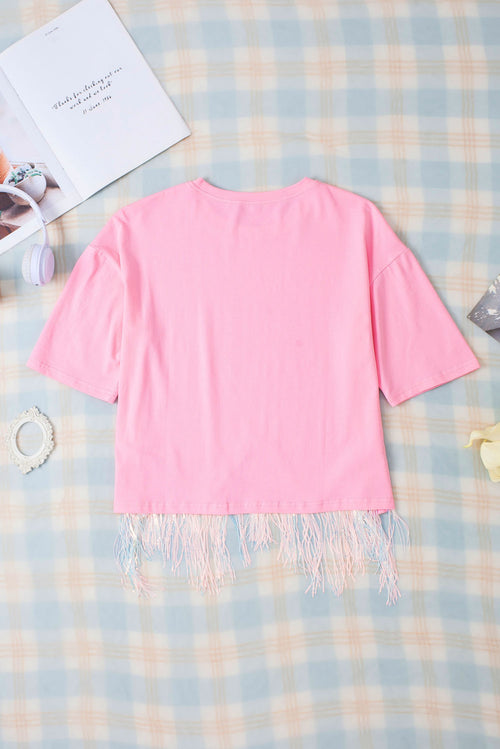 Pink Casual Fringe Sequin Hem Cropped