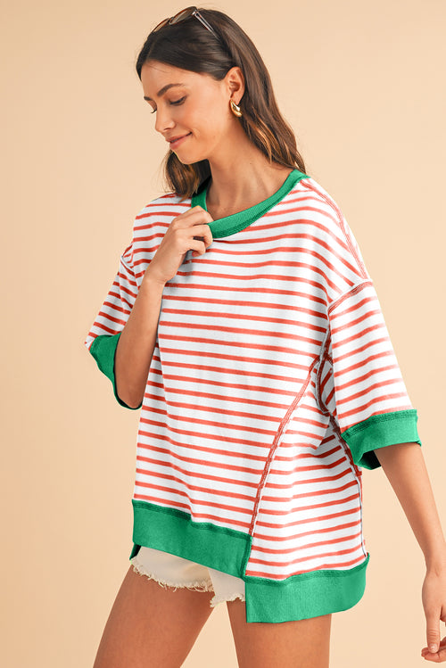 Sky Blue Stripe Contrast Drop Sleeve Loose