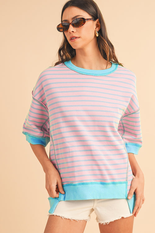 Sky Blue Stripe Contrast Drop Sleeve Loose