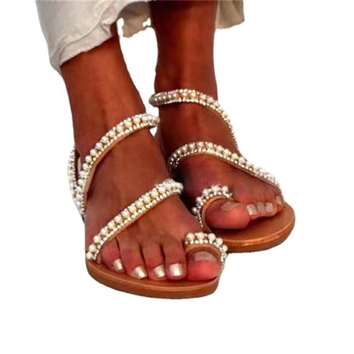 Summer Toe Sandals Women's Flat Bottom Rhinestone Large Beach Shoes