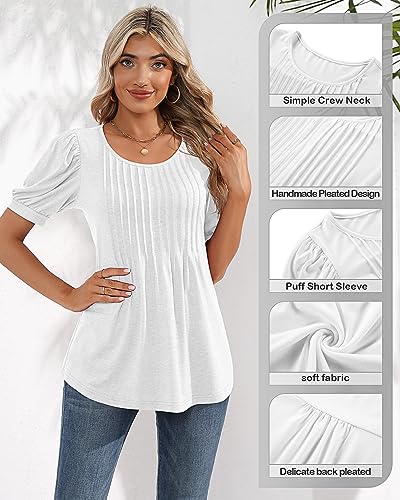 Puff Short Sleeve Tunic Pleated Crew Neck