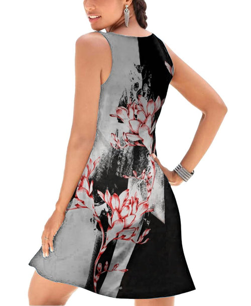 A-Line Elegant Vintage V-Neck Floral Printed Sleeveless