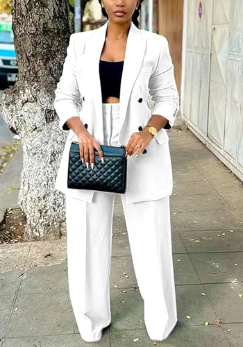 2 Piece Outfits for Women Dressy Double Breasted Blazer Jackets High Waisted Wide Leg Pants Suits Set Casual Business