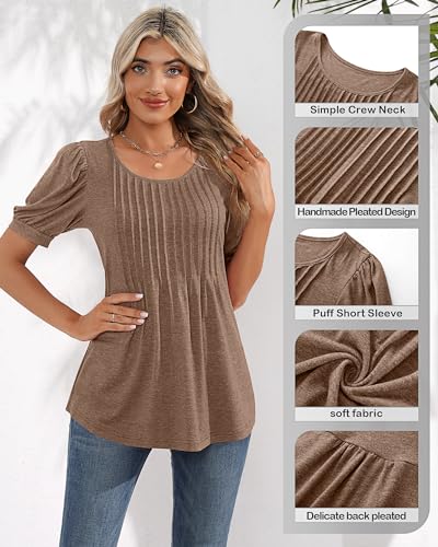 Puff Short Sleeve Tunic Pleated Crew Neck