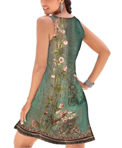 A-Line Elegant Vintage V-Neck Floral Printed Sleeveless