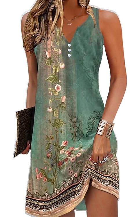 A-Line Elegant Vintage V-Neck Floral Printed Sleeveless