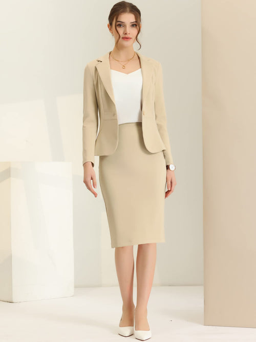 2 Piece Suit Skirt Set Business Casual Long Sleeve Blazer and Pencil Skirt