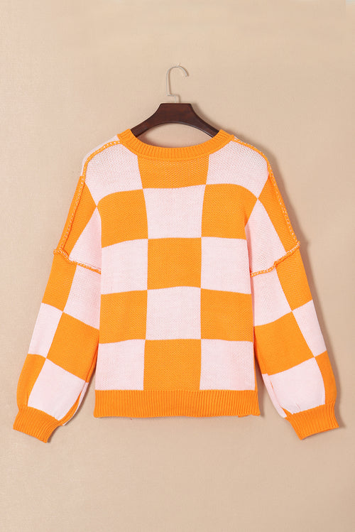 Green Checkered Bishop Sleeve Pullover Sweater