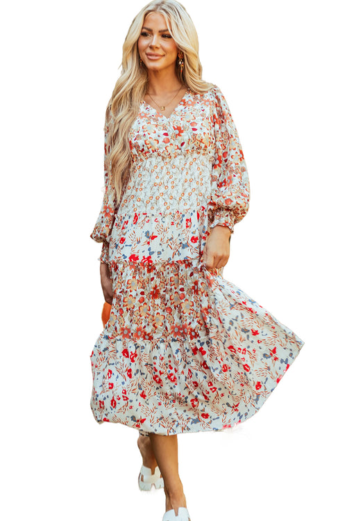 Khaki Floral Print Ruffled Tiered Long Sleeve V Neck Midi