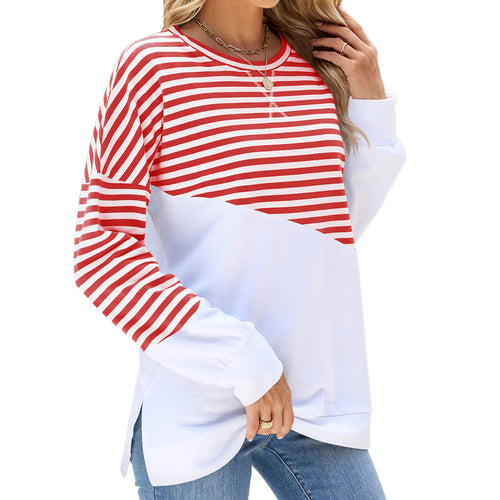 Striped Printed Long Sleeve Round Neck Pullover Split