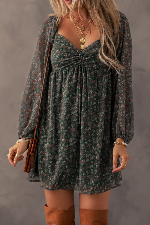 Green Floral Print Sweetheart Neck Shirred Back Mini