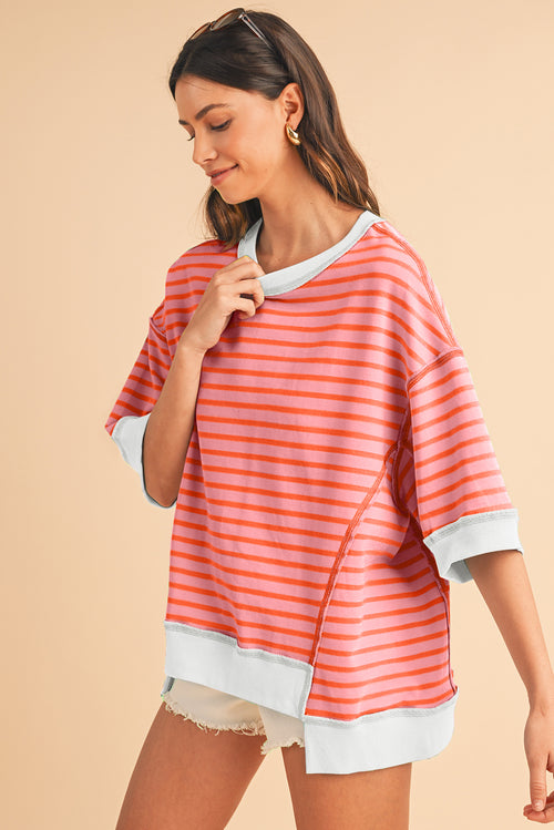 Sky Blue Stripe Contrast Drop Sleeve Loose