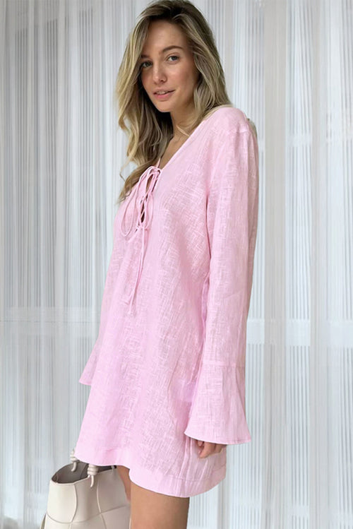 Light Pink Knot Lace Up Sexy Pajama Dress