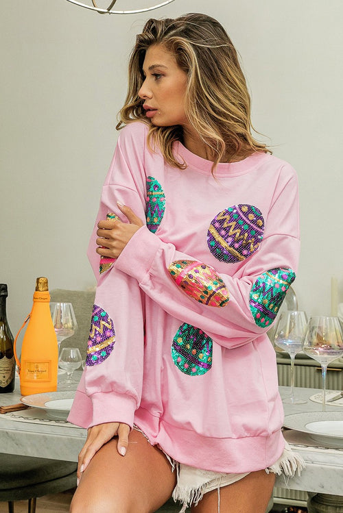 Pink Easter Sequin Egg Print Drop Shoulder Oversized Sweatshirt