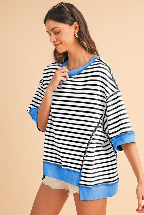 Sky Blue Stripe Contrast Drop Sleeve Loose