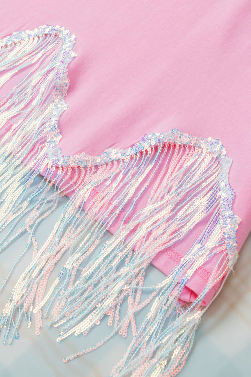 Pink Casual Fringe Sequin Hem Cropped