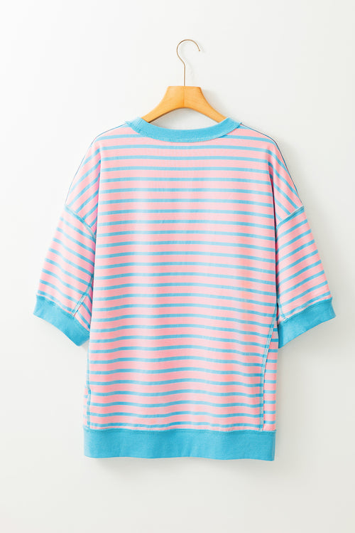 Sky Blue Stripe Contrast Drop Sleeve Loose