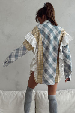 Sky Blue Plaid Print Patchwork Ruffle Shirt