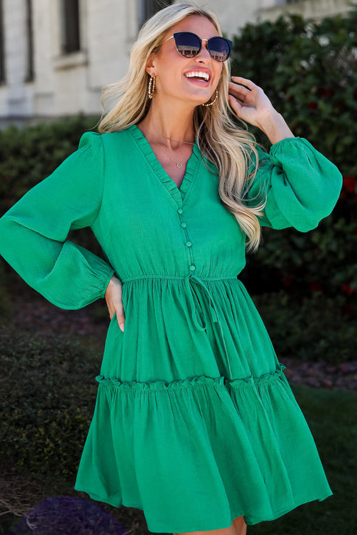 Sea Green Frilly V Neck Puff Sleeve Drawstring Shift Mini