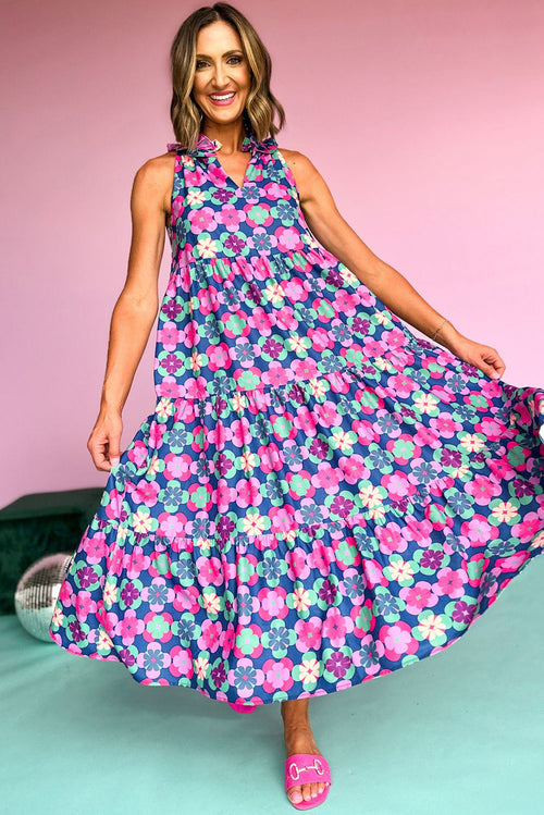 Pink Abstract Print Frill Split Neck Tiered Maxi Dress