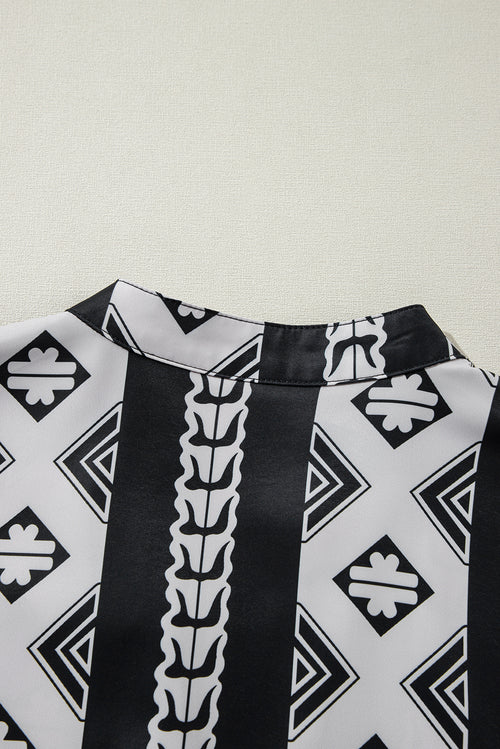 Black Geometric Print V Neck Ruffled