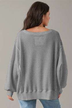 Gray Knit Bishop Sleeve Split Oversized Sweatshirt