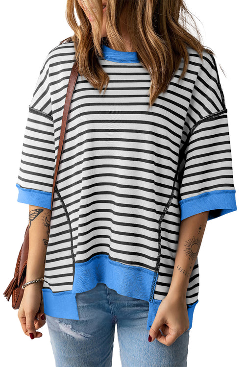 Sky Blue Stripe Contrast Drop Sleeve Loose