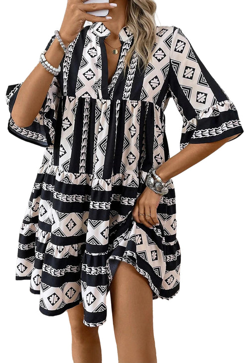 Black Geometric Print V Neck Ruffled