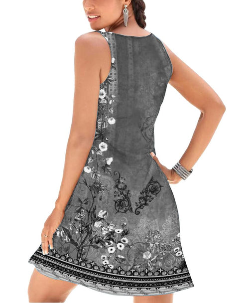 A-Line Elegant Vintage V-Neck Floral Printed Sleeveless