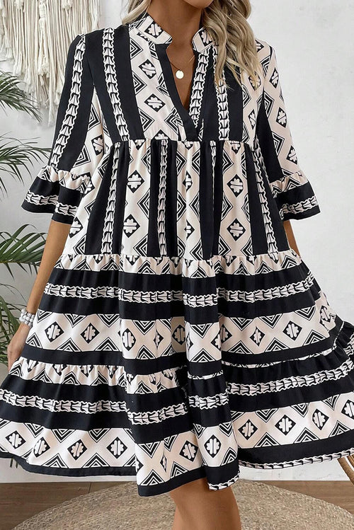 Black Geometric Print V Neck Ruffled