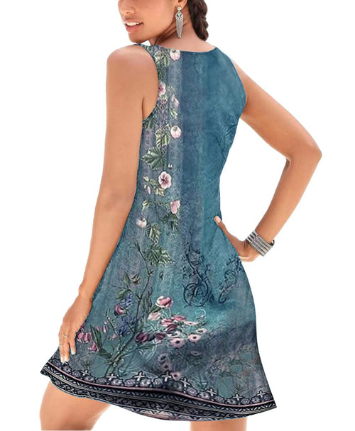 A-Line Elegant Vintage V-Neck Floral Printed Sleeveless