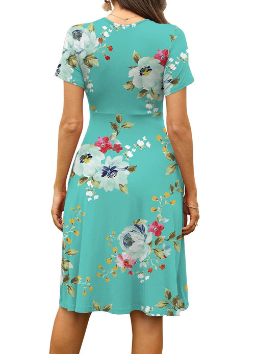 Casual  Short Sleeve V-Neck Floral Party Dress with Pockets