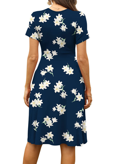 Casual  Short Sleeve V-Neck Floral Party Dress with Pockets