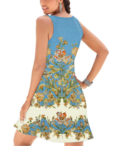 A-Line Elegant Vintage V-Neck Floral Printed Sleeveless